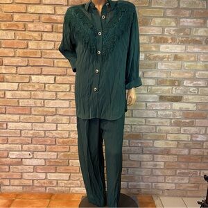 Vtg R&M Richards Green Western Pant Suit 18 80s Lace Fringe Prairie Boho Rodeo